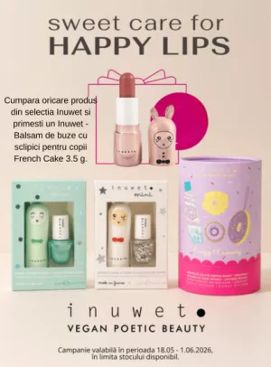 Promotie cu produs promotional Inuwet - Balsam de buze cu sclipici pentru copii French Cake 3.5 g