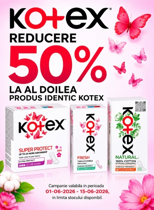 Promotie cu reducere 50% la al doilea produs identic Kotex