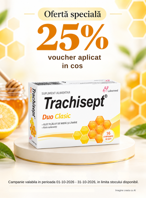 Promotie cu voucher aplicat in cos 25% la Trachisept 