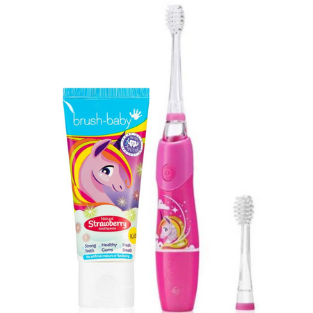 Pachet Periuta de dinti KidzSonic Unicorn + Pasta de dinti capsuni Brush Baby