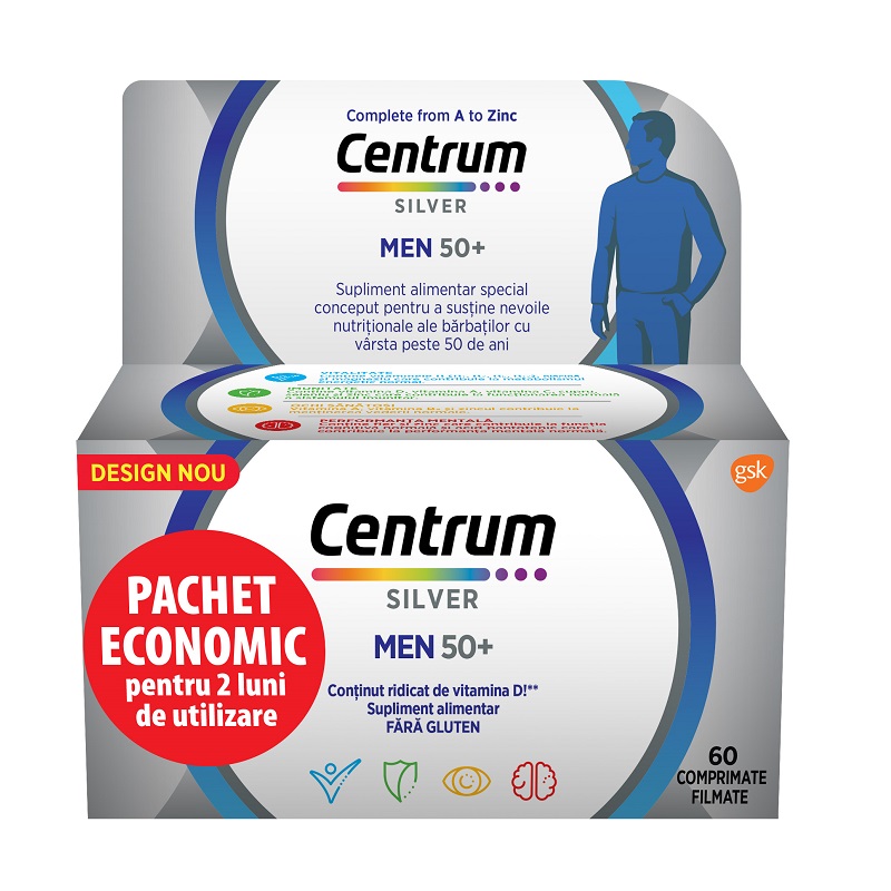 Vitamine pentru barbati Centrum Silver 50+, 60 comprimate, Gsk