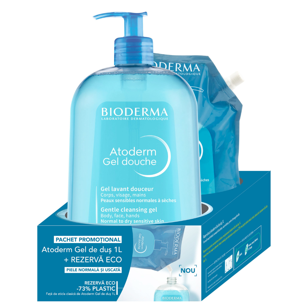 Pachet Gel de dus Atoderm 1L + 50% reducere la Rezerva eco gel de dus 1L Atoderm, 2 x 1000 ml, Bioderma