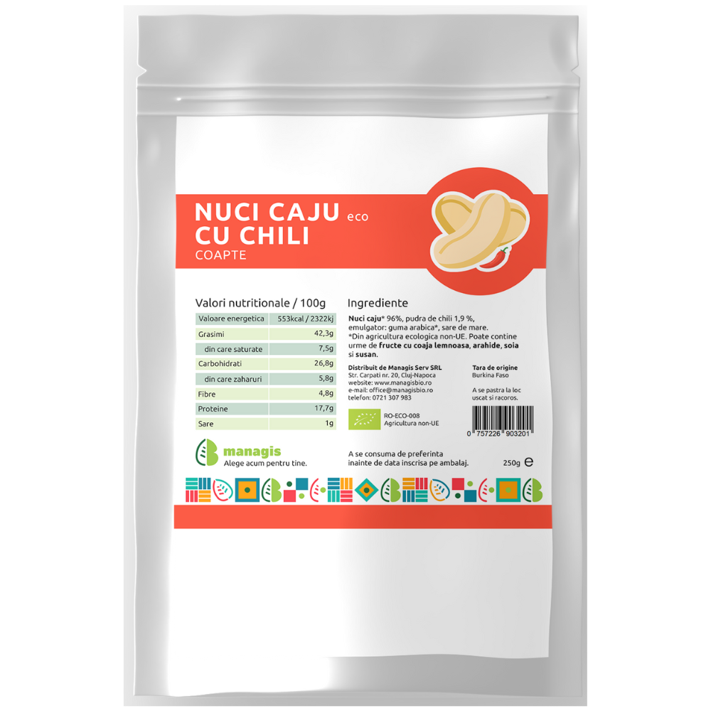 Nuci Caju Bio coapte cu Chili, 250 g, Managis