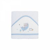Prosop cu gluga din bumbac, 100x100 cm, White/Blue, 1 bucata, Bimbi Pirulos