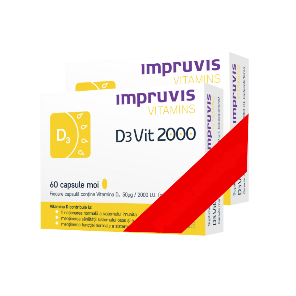 Pachet cu vitamina D3, 2000 U.I., 60 capsule + 60 capsule, Impruvis D3Vit