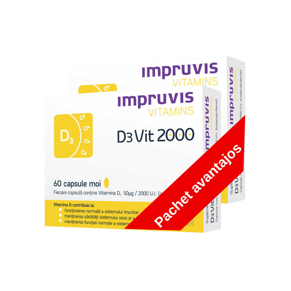 Pachet cu vitamina D3, 2000 U.I., 60 capsule + 60 capsule, Impruvis D3Vit