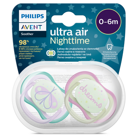 Suzete ultra air cu buton fosforescent Philips Avent, 0-6 luni, 2 bucati, SCF376/19, Philips 590874
