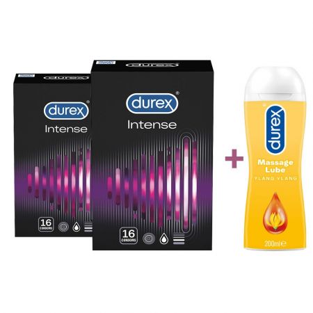 Pachet Prezervative Intense 2x16 buc si Lubrifiant play massage 2in1, 200 ml