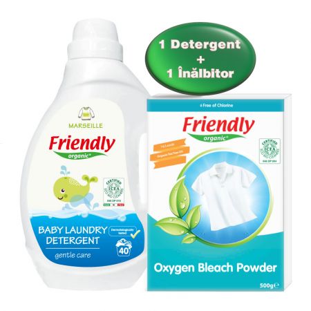 Pachet detergent de rufe cu Marsilia pentru bebelusi 2000 ml + inalbitor rufe bio 500 gr, Friendly