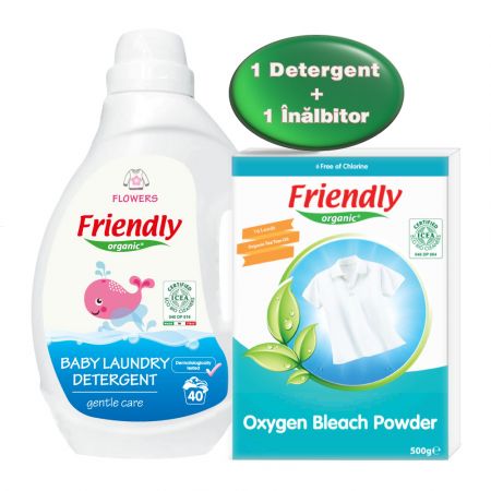 Pachet detergent de rufe cu parfum floral pentru bebelusi 2000 ml + inalbitor rufe bio 500 gr, Friendly