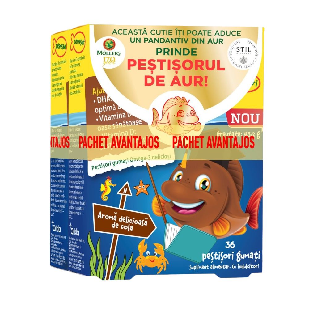 Pachet Pestisori gumati cu aroma cola si Omega 3, 3 ani+, 2 x 36 jeleuri, Moller's