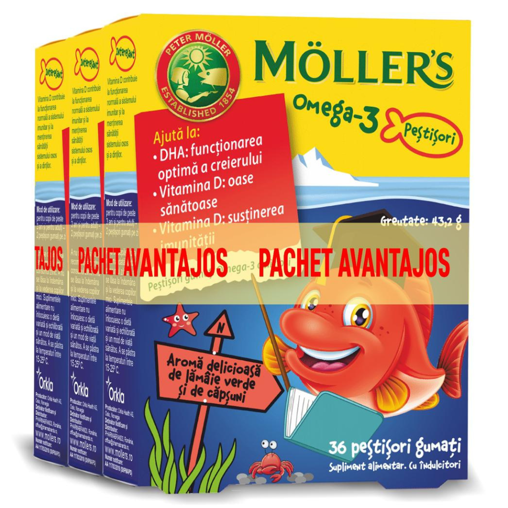 Pestisori gumati cu Omega 3 si aroma de lamaie verde si capsuni, 3 x 36 jeleuri, Moller's