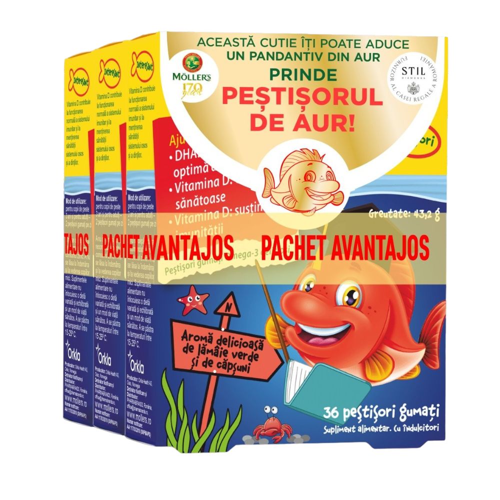 Pestisori gumati cu Omega 3 si aroma de lamaie verde si capsuni, 3 x 36 jeleuri, Moller's