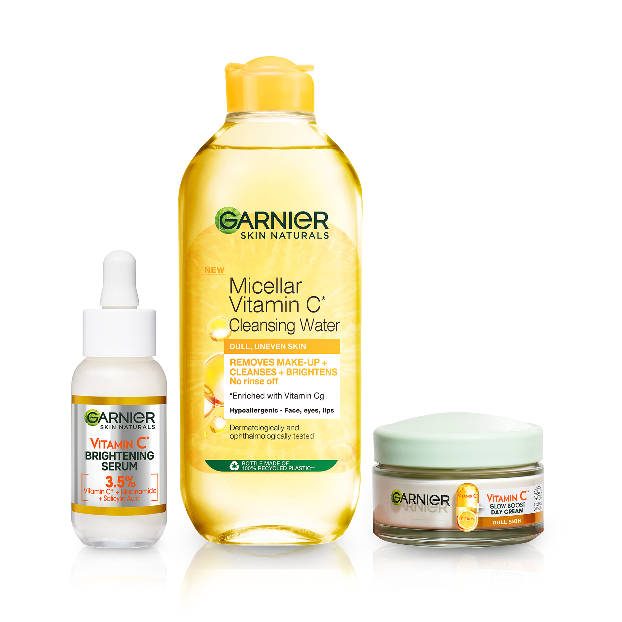 Pachet Avantajos Serum cu vitamina C + Crema de zi cu vitamina C + Apa micelara cu vitamina C, Garnier