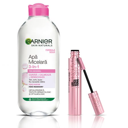 Pachet Mascara Lash Sensational Sky High, Black + Apa micelara Garnier pentru ten sensibil (30% reducere la Apa micelara)