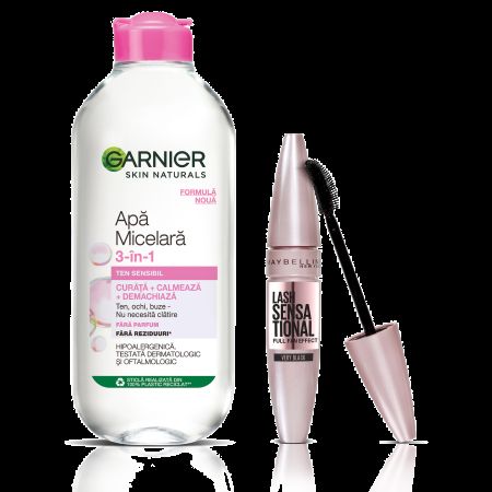 Pachet Mascara Lash Sensational Very Black + Apa micelara Garnier pentru ten sensibil, 7.2 ml + 400 ml, Loreal 665587