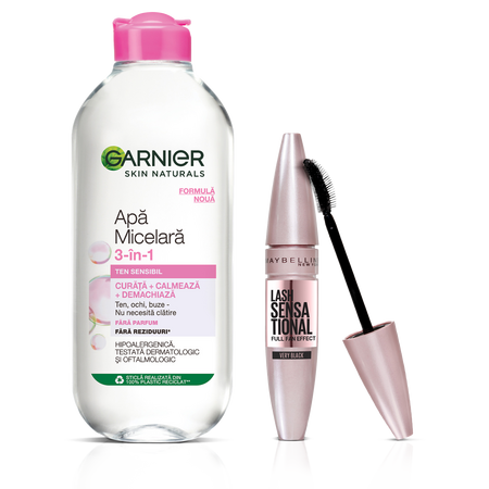 Pachet Mascara Lash Sensational Very Black + Apa micelara Garnier pentru ten sensibil, 7.2 ml + 400 ml, Loreal 665587