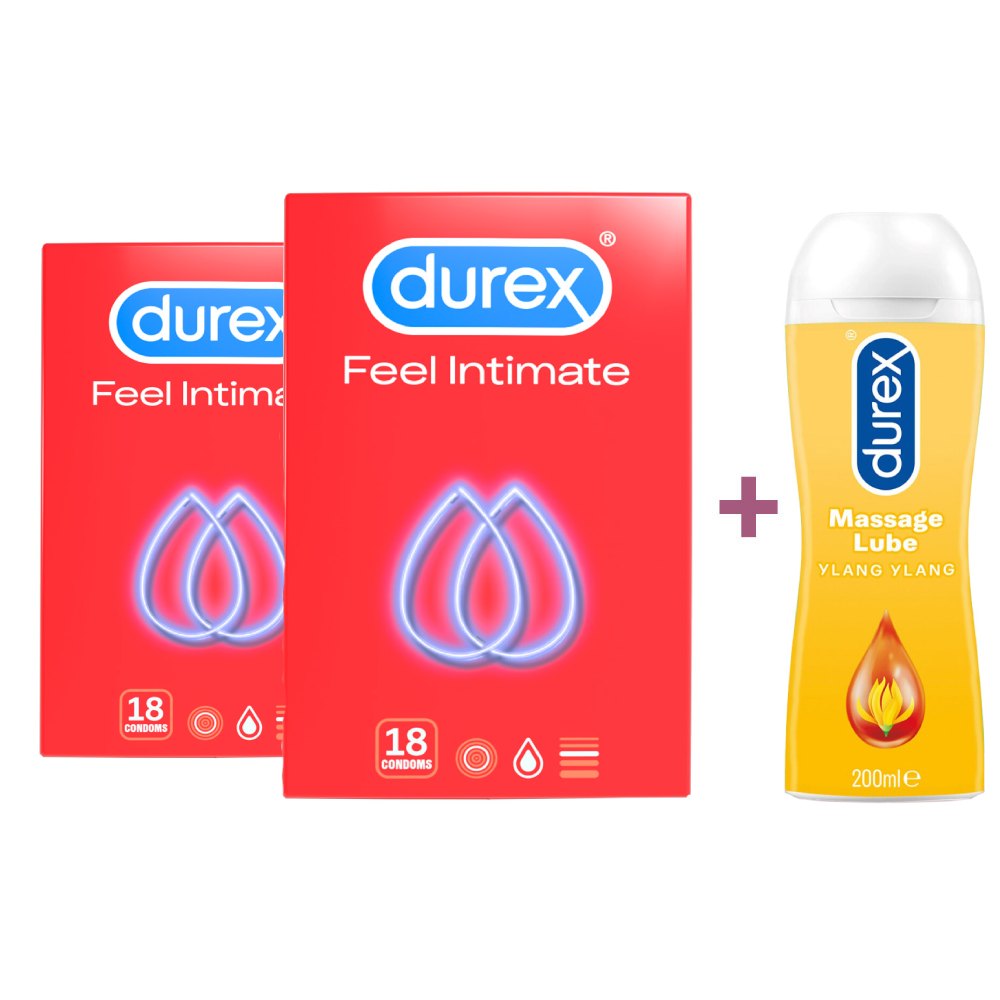 Pachet Prezervative Feel Intimate 2x18 bucati si Lubrifiant play massage 2in1, 200 ml, Durex