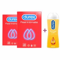 Pachet Prezervative Feel Intimate 2x18 bucati si Lubrifiant play massage 2in1, 200 ml, Durex