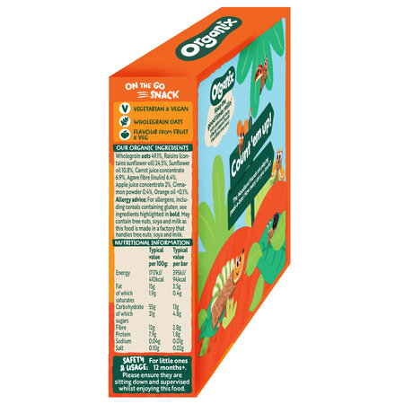 Batoane ecologice din ovaz integral, Morcov si Mere, 12 luni+, 6 batoane x 23 g, Organix 824776