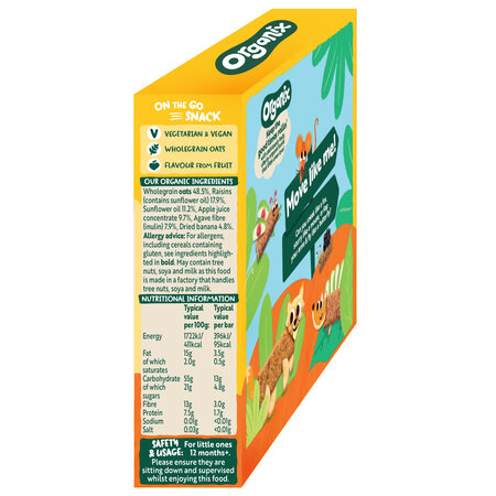 Batoane ecologice din ovaz integral cu banane, 12 luni+, 6 batoane x 23 g, Organix 824073