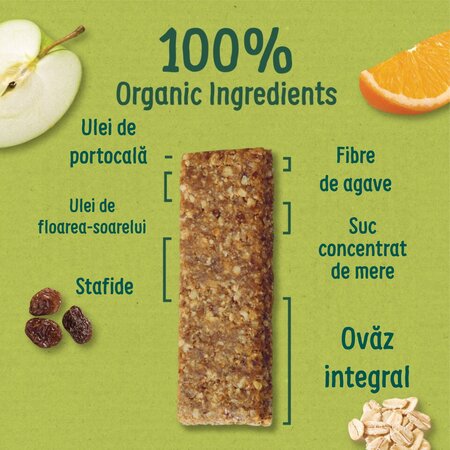 Batoane ecologice din ovaz integral, Mere si Portocale, 12 luni+, 6 batoane x 23 g, Organix 824786