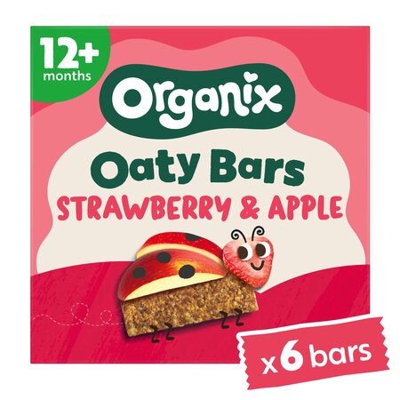 Batoane Bio din ovaz integral cu capsuni si mere, + 12 luni, 6 batoane x 23 g, Organix