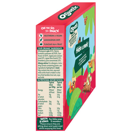 Batoane ecologice din ovaz integral, Capsuni si mere, 12 luni+, 6 batoane x 23 g, Organix 824794