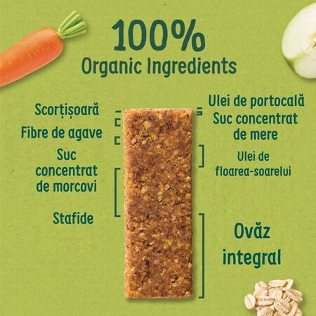 Baton ecologic din ovaz integral cu morcov si mere, 12 luni+, 23 g, Organix 823016