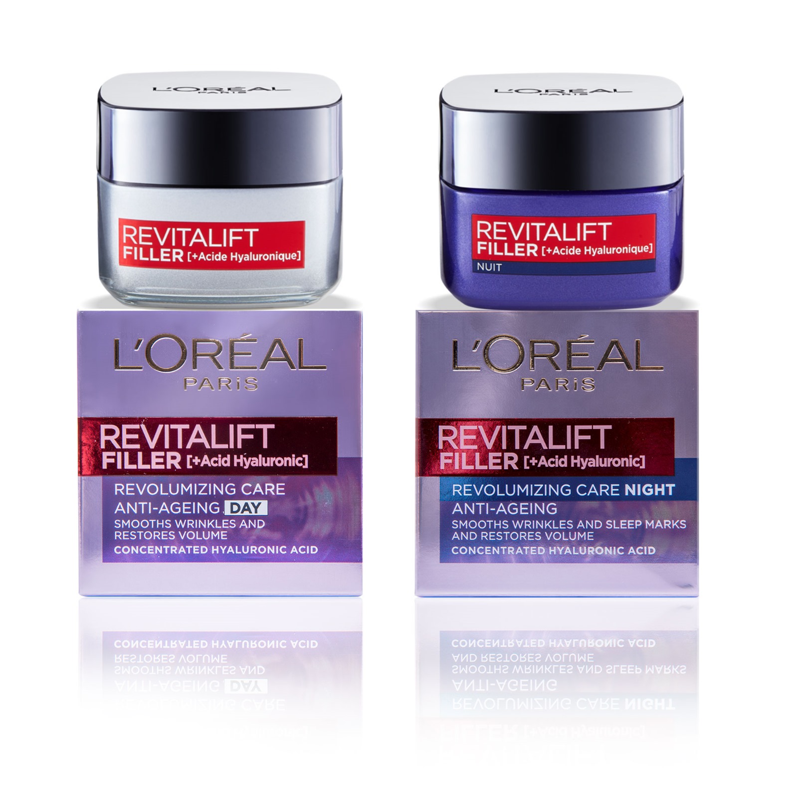 Pachet Crema de zi antirid intensiv redensificatoare Revitalift Filler + Crema de noapte antirid intensiv redensificatoare Revitalift Filler, 50 ml +50 ml, Loreal Paris