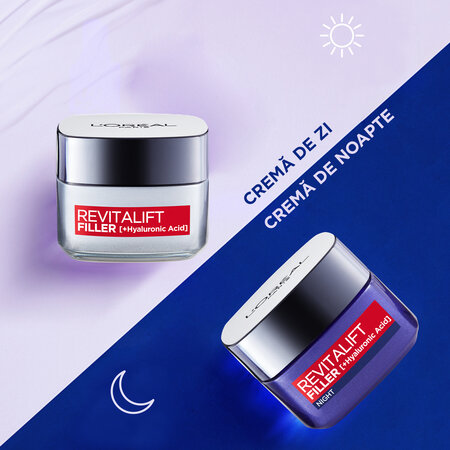 Pachet Crema de zi antirid intensiv redensificatoare Revitalift Filler + Crema de noapte antirid intensiv redensificatoare Revitalift Filler, 50 ml +50 ml, Loreal Paris 592153