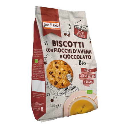 Biscuiti bio cu fulgi de ovaz si ciocolata, vegan, fara ulei de palmier,, 350 g, Fior di Loto