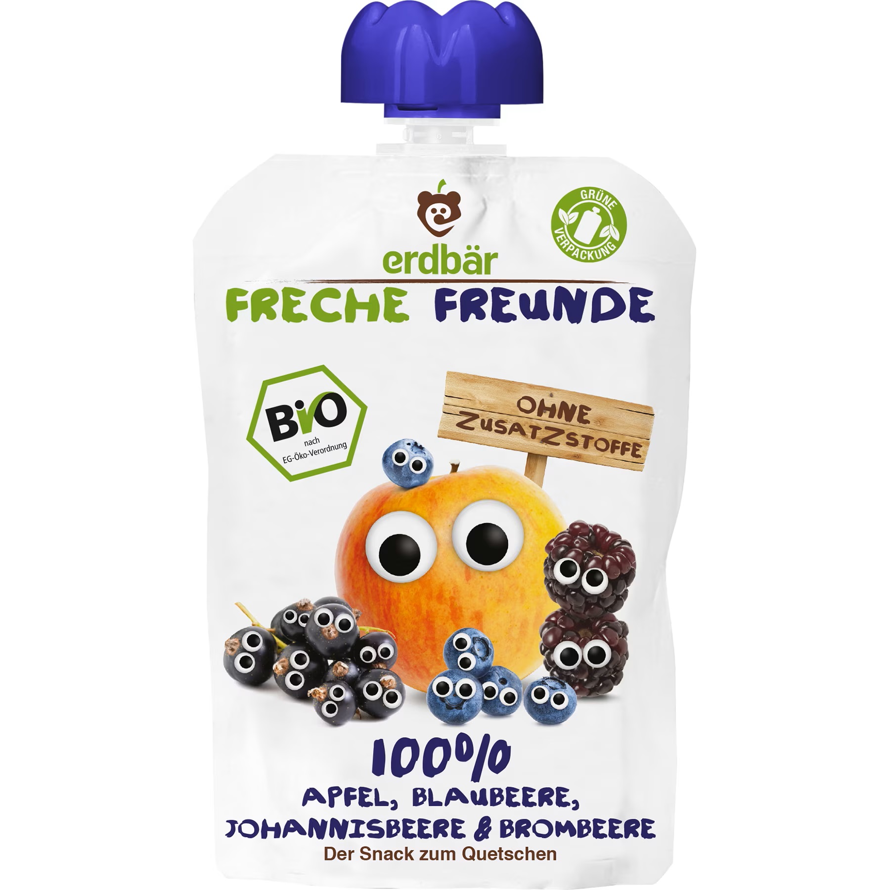 Piure din mere, afine, coacaze si mure Bio, 100 g, Freche Freunde