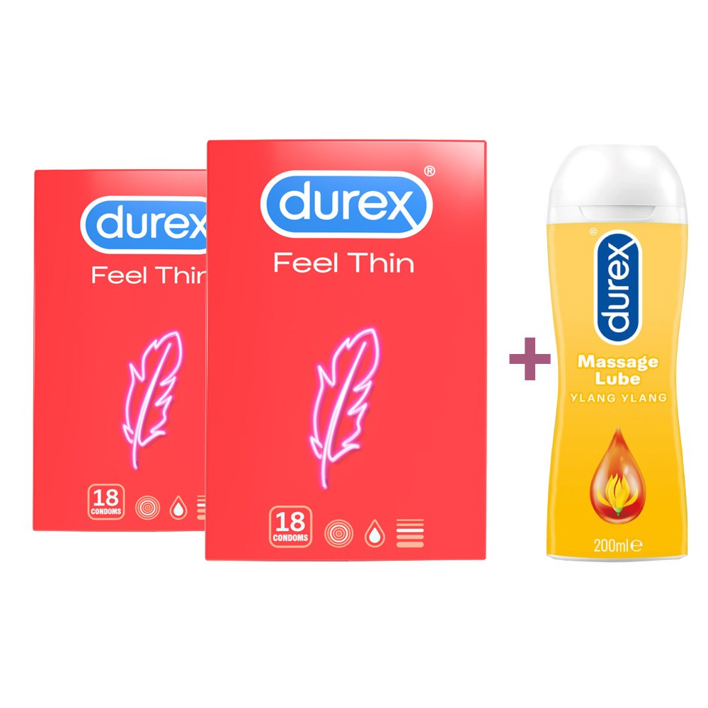 Pachet Prezervative Feel Thin 2x18 bucati si Lubrifiant play massage 2in1, Durex