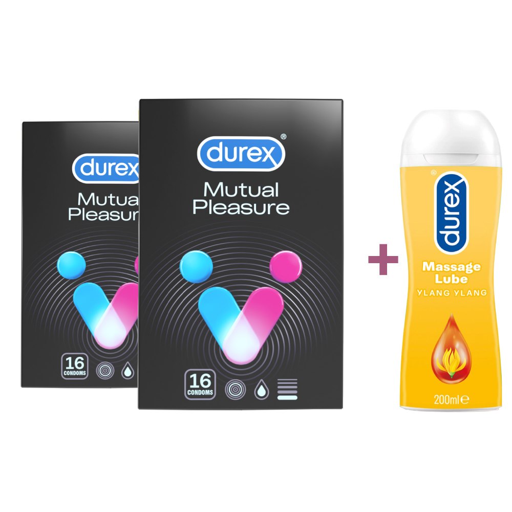 Pachet Prezervative Mutual Pleasure 2x16 bucati si Lubrifiant play massage 2in1, 200 ml, Durex