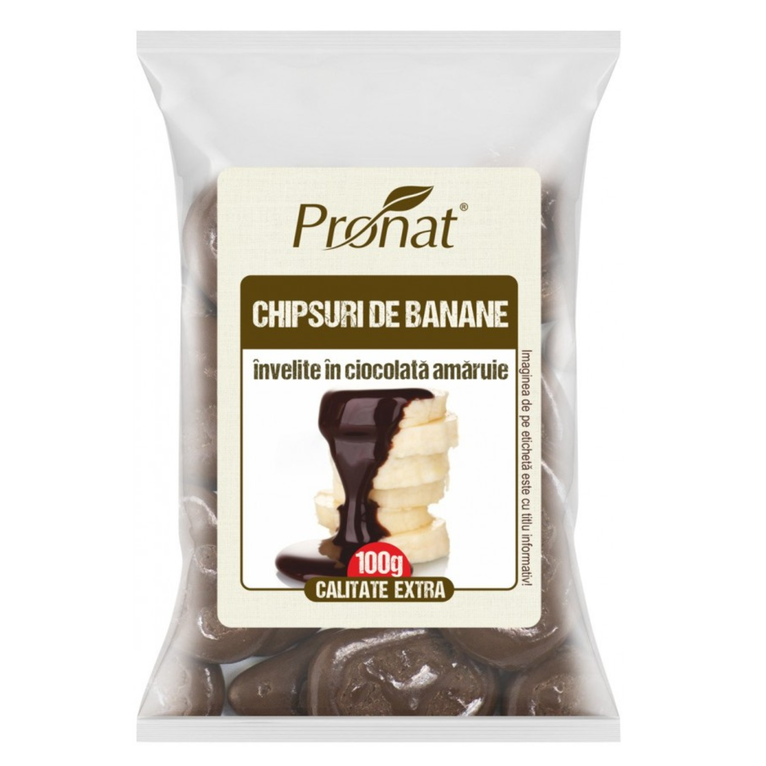 Chipsuri de banane invelite in ciocolata amaruie, 100 g, Pronat