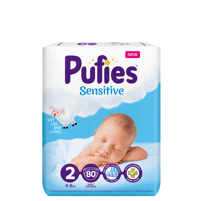 Scutece Sensitive Marimea 2 Mini, 80 bucati, 4-8 kg, Pufies 