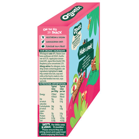 Batoane ecologice din ovaz integral, Mere si Zmeura, 12 luni+, 6 batoane x 23 g, Organix 824771