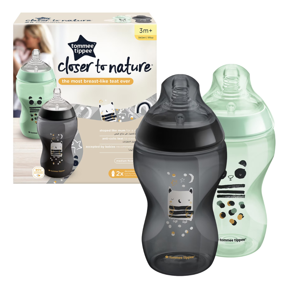 Set 2 biberoane anti-colici Closer to Nature, 3 luni +, 340 ml, Gri/Verde, Tommee Tippee