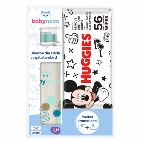  BABY NOVA PACHET BIBERON DIN STICLA 240 ML + SERVETELE UMEDE HUGGIES DISNEY 56BUC 43706-P