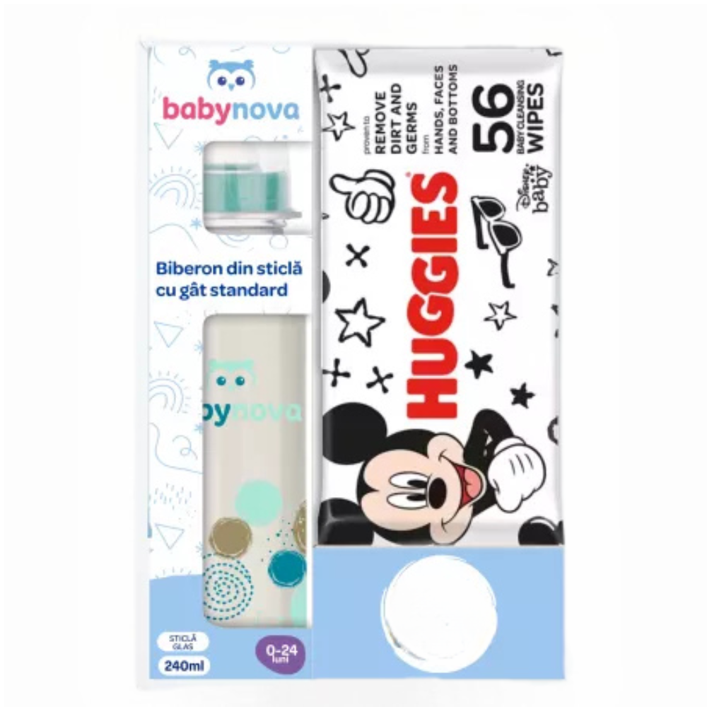 Pachet Biberon din sticla + Servetele umede Huggies Disney, Baby Nova