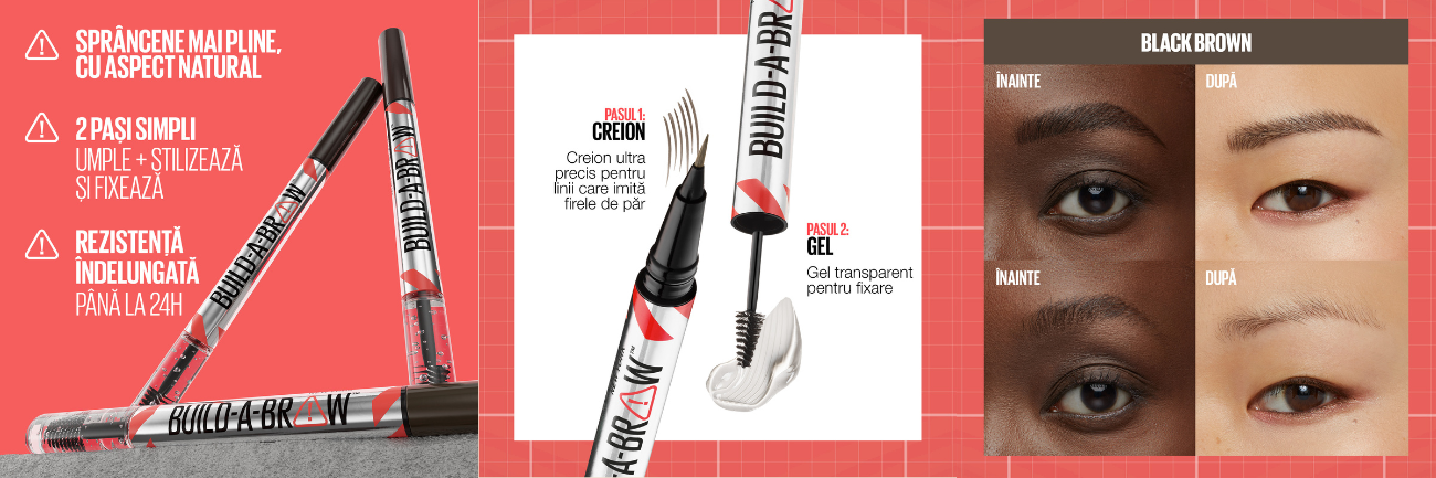 Creion de sprancene + gel de fixare Build a Brow, 262 Black Brown, 1.4 g, Maybelline
