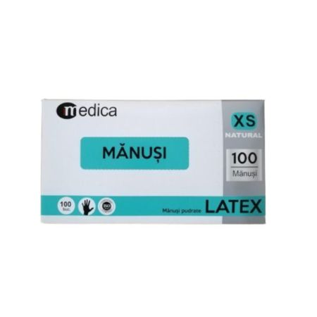 Manusi de examinare din latex, pudrate, Marimea XS, 100 buc, Medica