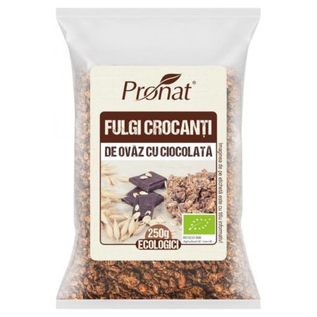 Fulgi crocanti bio de ovaz cu ciocolata, 250 g, Pronat