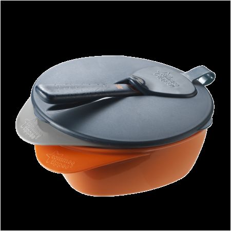 Set castroane, capac si lingurita cu backshield, +6 luni, Gri/Portocaliu, Tommee Tippee 600306