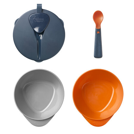 Set castroane, capac si lingurita cu backshield, +6 luni, Gri/Portocaliu, Tommee Tippee 600307