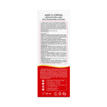Crema pentru albit pete pigmentare si pistrui Alba ca Zapada, 45 ml, Vivanatura 765031
