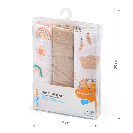 Set 3 scutece din muselina, 70x70 cm, Maro, Babyono 604690