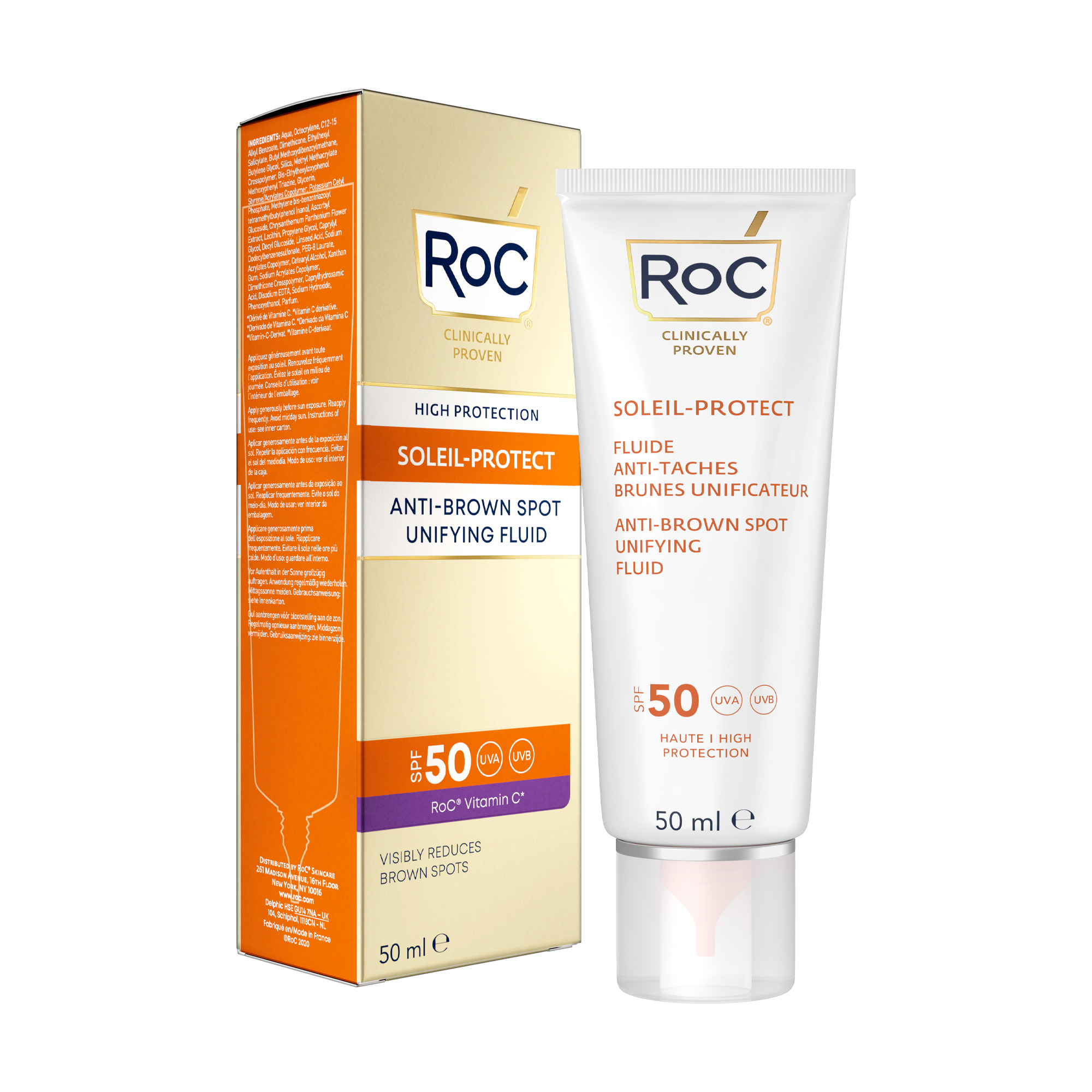 Fluid uniformizant impotriva petelor pigmentare SPF 50 Soleil Protect, 50 ml, Roc