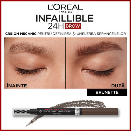 Creion pentru sprancene Infaillible Brows 24H Triangular, 3.0 Brunette​, Loreal Paris 607974